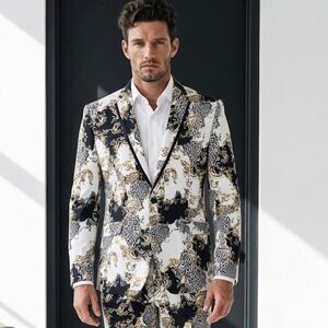 Valiant Paris Mens Baroque Leopard Print Blazer Sport Coat White Black Gold 44
